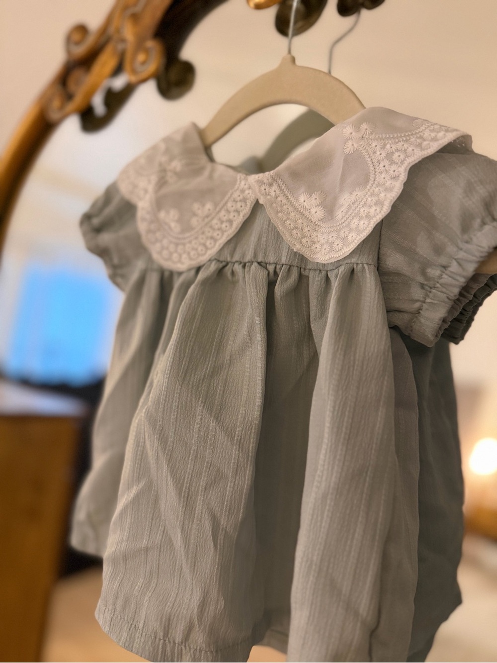 Girls Light Sage Dress with White Embroidered Collar